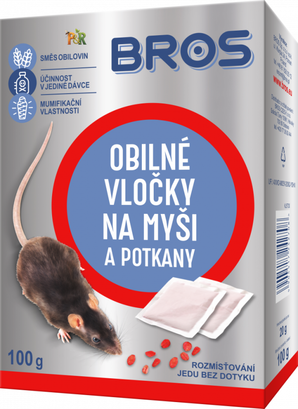 Balení Bros obilných vloček s jedem na myši a potkany (5x20g) imitující přirozenou potravu