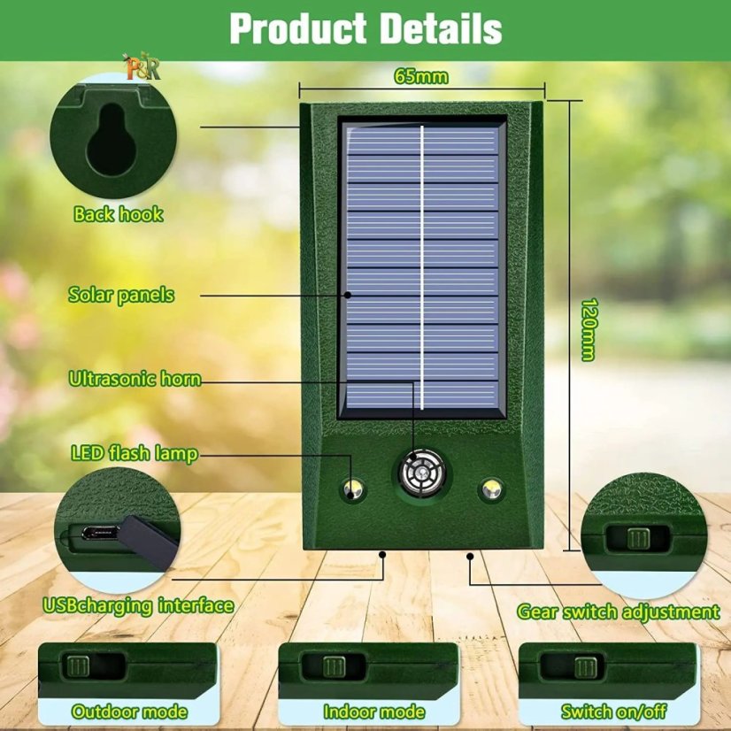 Pest Reject Solární odpuzovač škůdců s ultrazvukem a LED světlem